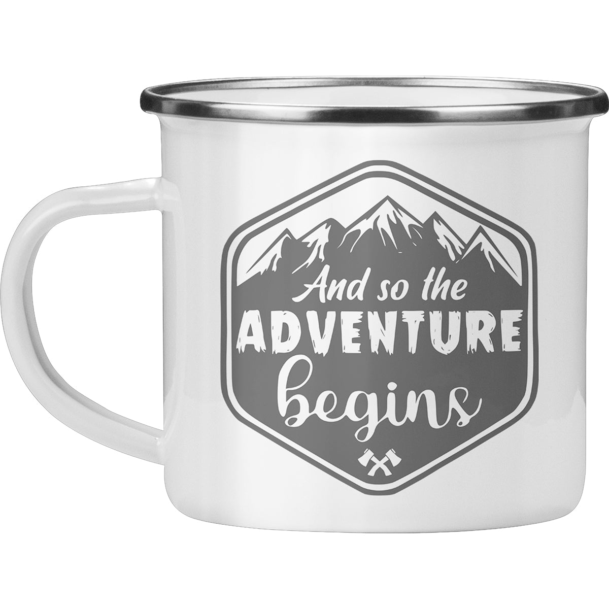 And So The Adventure Begins Mug – Enamel Camping Coffee Cup for Outdoor Lovers