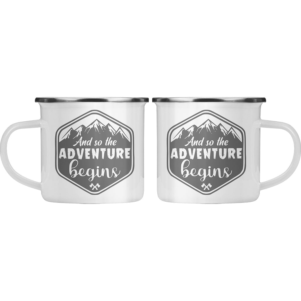 And So The Adventure Begins Mug – Enamel Camping Coffee Cup for Outdoor Lovers