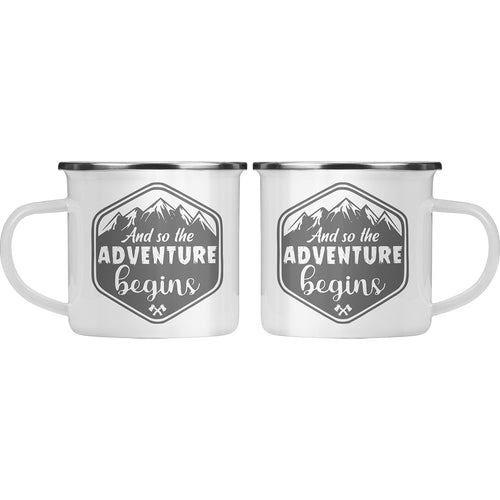And So The Adventure Begins Mug – Enamel Camping Coffee Cup for Outdoor Lovers