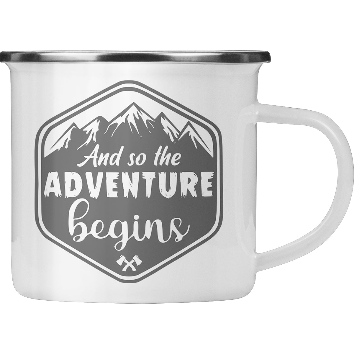And So The Adventure Begins Mug – Enamel Camping Coffee Cup for Outdoor Lovers