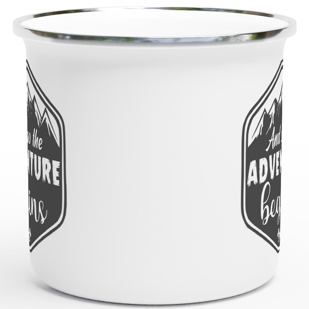 And So The Adventure Begins Mug – Enamel Camping Coffee Cup for Outdoor Lovers