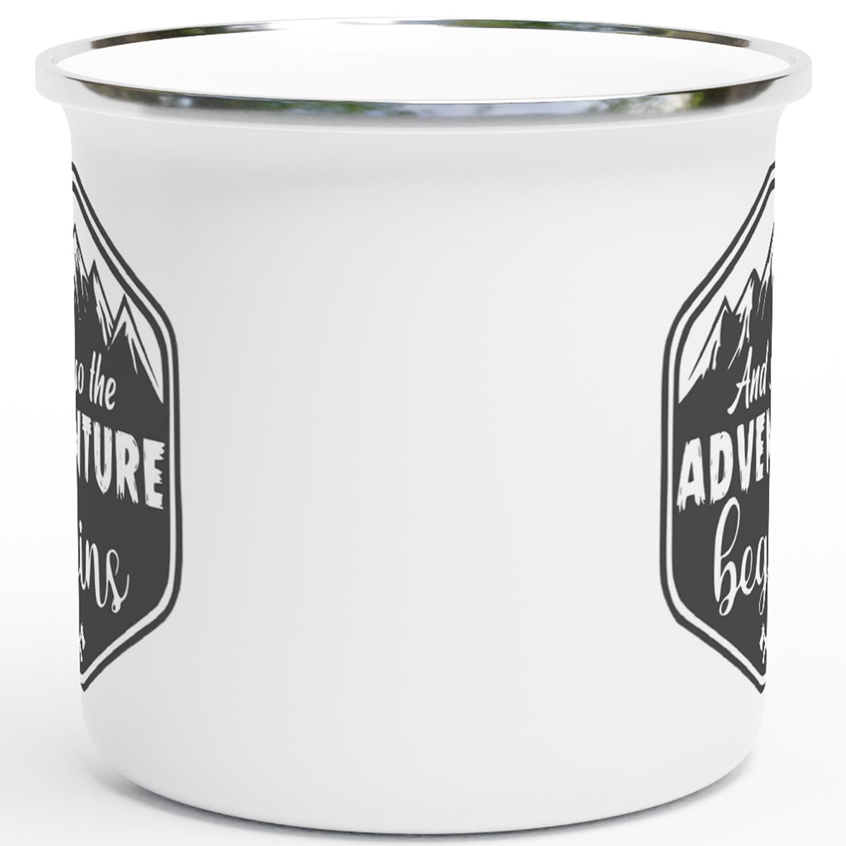 And So The Adventure Begins Mug – Enamel Camping Coffee Cup for Outdoor Lovers