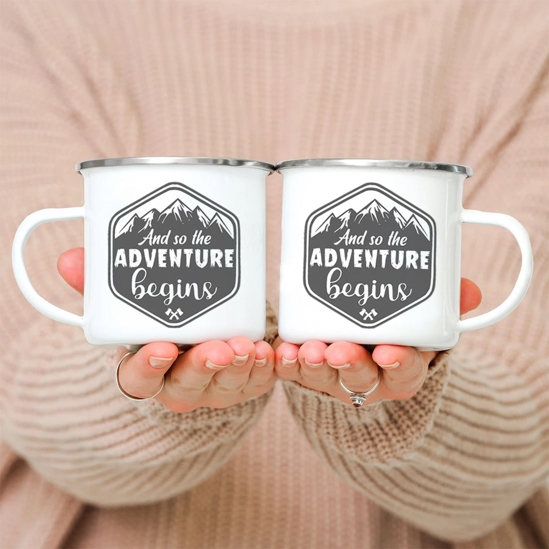 And So The Adventure Begins Mug – Enamel Camping Coffee Cup for Outdoor Lovers